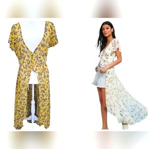MEGHAN Los Angeles Floral Button Front Ruffle Maxi Top In Yellow. Size MED